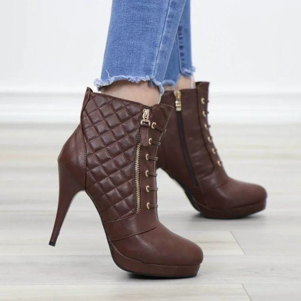 Brown Platform High Heel Ankle Boots - Picture 1 of 14